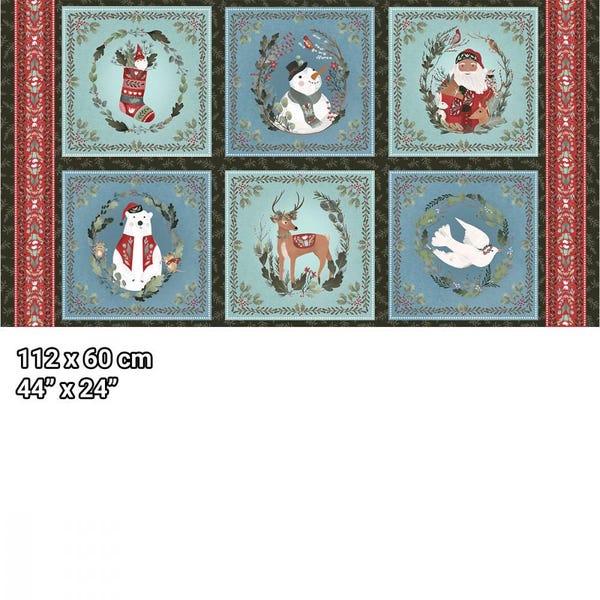 Puede incluir: Panel de tela navideño con seis diseños cuadrados con ilustraciones festivas. Cada cuadrado tiene un fondo azul claro y un borde de corona. El panel mide 112 cm x 60 cm.