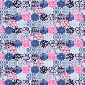 May include: A repeating pattern of hexagonal shapes in shades of blue, pink, and white. Each hexagon features a unique design, including floral, geometric, and abstract patterns. The overall effect is a colourful and intricate textile design.