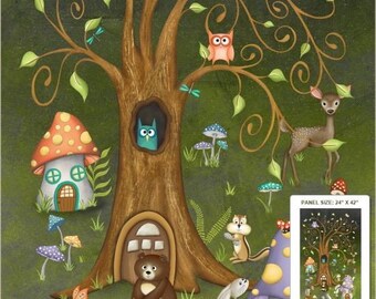 Windham Enchanted Woods Forest Tree House Mushroom Bear Panel 100% Cotton Fabric Green