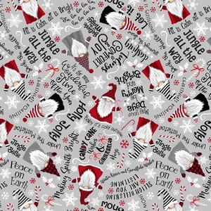 Fat Quarter Timeless Treasures Christmas Script Gonk Gnome Holly Jolly Jingle Peace Candy Cane 100% Cotton Fabric