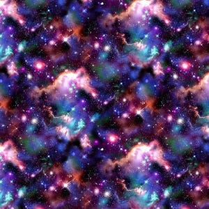 May include: A colourful, seamless pattern depicting a galaxy. The design features swirling nebulae in shades of purple, blue, orange, and green, dotted with numerous bright white stars. The overall effect is a cosmic, space-themed design.