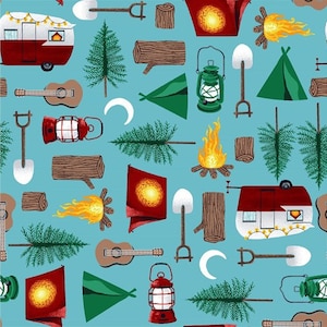 Fat Quarter Studio e’s Beneath The Stars Camping Tent Caravan 100% Cotton Fabric