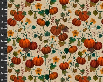 May include: A fabric pattern featuring orange pumpkins, green vines, and yellow flowers on a light beige background. A metric ruler is visible along the top and left edges, showing a scale of 28 cm in length and width for the visible design.