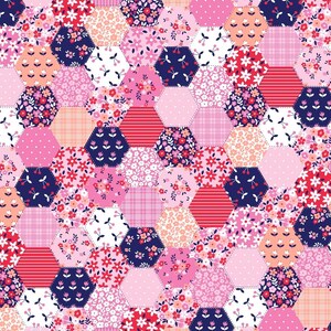 May include: A patchwork design with hexagonal shapes in pink, red, and navy. Each hexagon is filled with floral, cherry, and striped patterns. The design creates a detailed and colourful textile pattern, suitable for various craft projects.