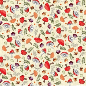 Fat Quarter Nutex Nature Trail Mushrooms Toadstools Leaves Nuts Berries 100% Cotton Fabric