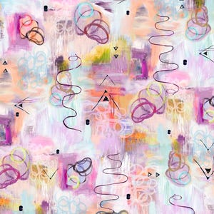 May include: Abstract art print with a vibrant, textured design. The artwork features a mix of pastel colours, such as pink, purple, and peach, with black line drawings and geometric shapes. The composition has a layered effect, with brushstrokes and scribbles.