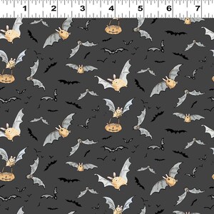Fat Quarter Clothworks Halloween Parade Cute Bats Pumpkin Vampire 100% Cotton Fabric Dark Grey