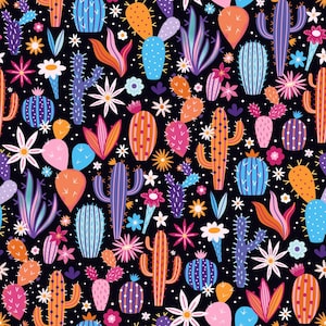 May include: A colourful, repeating pattern featuring cacti and desert flowers on a black background. The design includes various cactus shapes in shades of orange, blue, pink, and purple, interspersed with white star-shaped flowers and other floral elements.