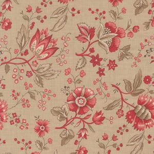 May include: A fabric featuring a repeating floral pattern with red blossoms, buds, and brown foliage on a light tan background. The design includes various flower shapes, thin stems, and small berries arranged in a dense, continuous botanical print.