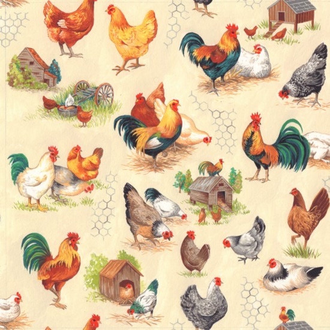 Fat Quarter Nutex Chicken Talk Hen House Cockrill Straw Peck 100% ...