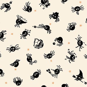 May include: A repeating pattern on a cream background featuring black cartoon spiders in various activities, including wearing hats, reading books, holding balloons, and riding a broomstick, interspersed with small orange star-like accents.