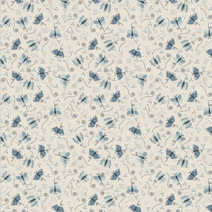 May include: A cream-coloured background with a repeating pattern of blue butterflies. The butterflies are accompanied by small blue leaves and grey swirls, creating a delicate and whimsical design.