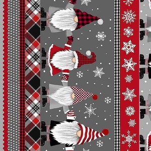 May include: A repeating pattern featuring Christmas gnomes with white beards and red hats. The gnomes are set against a grey background with snowflakes. The design includes red and black plaid and polka dot borders.