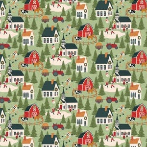 Fat Quarter Poppie Cotton Prairie Christmas Ice Skating Tree Barn 100% Cotton Green