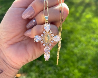 Free Shipping Women&#39;s Virgin Mary Gold Cross Pendant Necklace Gift Virgen de Guadalupe Gold Present for Girls