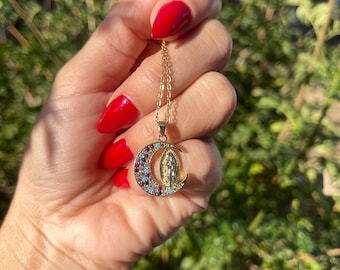 Free Shipping Moon Pendant Women's Virgin Mary de Guadalupe Religious Girls Gift Virgen de Guadalupe Necklace Luna