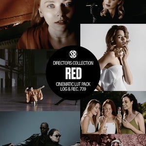 Może przedstawiać: Kolaż zdjęć przedstawiających kobiety i mężczyzn w różnych sceneriach. Centralny obraz wyświetla tekst "RED CINEMATIC LUT PACK LOG & REC. 709" w czarnym okręgu. Obrazy mają tematykę filmową.