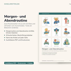 Peut inclure: Un téléchargement numérique présentant un tableau de routine du matin et du soir avec des illustrations de tâches quotidiennes comme se brosser les dents, manger et se laver. Inclut vingt cartes à découper et des champs de texte modifiables.