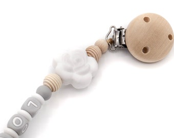 Pacifier chain with your own name Rose Hexagon handmade customizable in gray and white