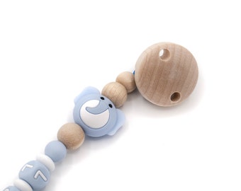 Pacifier chain with your own name elephant handmade customizable in blue