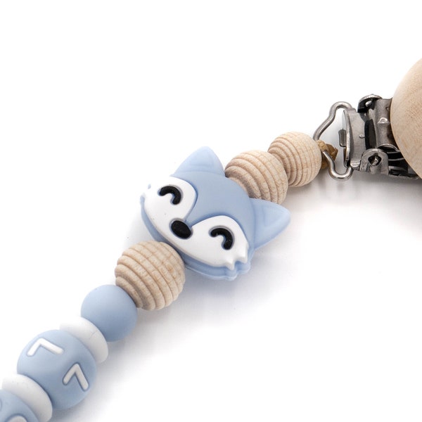 Pacifier chain with your own name fox handmade customizable in blue