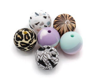 Silicone bead with pattern 15 mm large selection (tiger, leo and others) BPA free, wholesale silicone beads, food grade silicone, loose beads