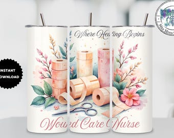 Wondverzorging verpleegkundige 20 oz magere beker sublimatie ontwerp digitale download, png | Aquarelgenezing medisch verband | Cadeau verpleegkundige waardering