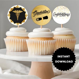 Topos de cupcake para formatura de enfermeira registrada para impressão em preto e dourado 2025