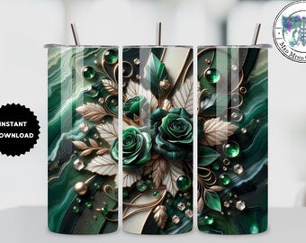 Szmaragdowo-zielony kwiatowy luksusowy kubek z kamieniami szlachetnymi 20 uncji, smukły, sublimacyjny projekt do pobrania w formacie PNG
