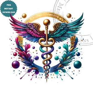 Può includere: Una vivace illustrazione digitale del simbolo del Caduceo, con un bastone dorato, serpenti intrecciati e ali nei toni del rosa, blu e verde acqua. Il design include un alone dorato ed elementi floreali, con il testo "PNG INSTANT DOWNLOAD".