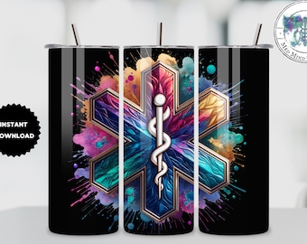 Star of Life 20 oz smal tumbler sublimeringsdesign digital nedladdning PNG omedelbar digital endast, EMT ambulanssjukvårdare regnbågsfärgad tumbler