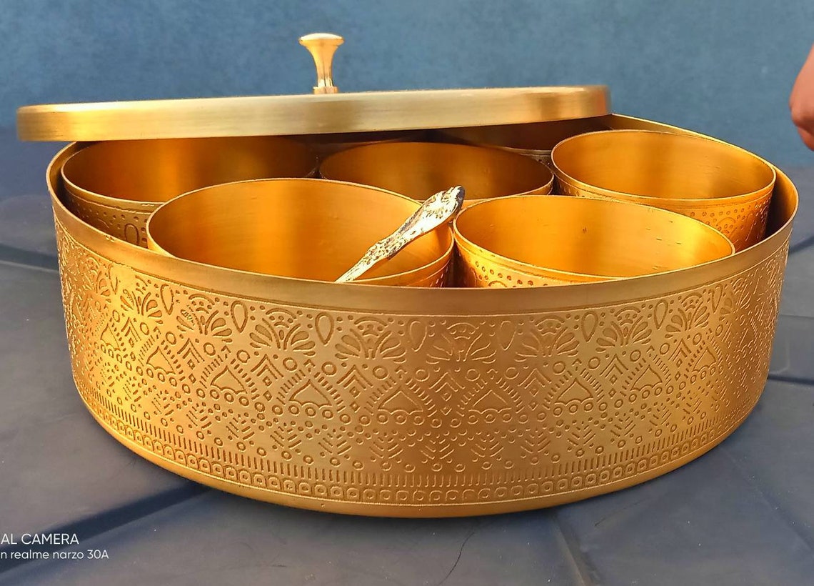 Traditional Indian accent full embossed Brass Spice box masala Etsy