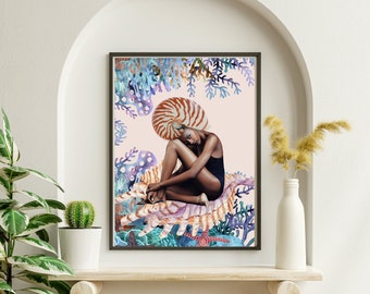 Wall Art Features a Sea Shell Queen Reflecting in her Coral Garden