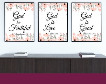 God Is Faithful, God is Love, God is Good, set of 3, Floral Canvas Wall Print