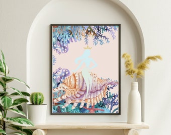 Mystic Sea Shell Queen Sitting in her Coral Garden: Wall Art Decor