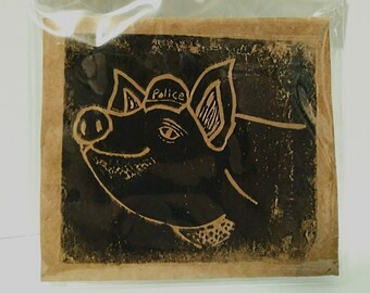 ACAB Pig Print | Police Pig Black And Brown Linocut Printmaking Print On Paper And Cardboard