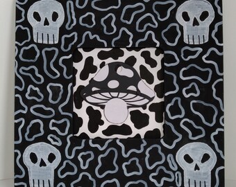 Skull and Oil Frame | Painted Black and White With Skulls Wooden Frame With Mushroom Collage Inside