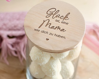 Vorratsglas mit Spruch Mama – Glück ist eine Mama wie dich zu haben | persönliches Geschenk Mama mit Gravur & Holzdeckel