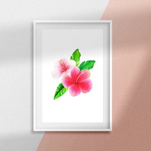 トロピカルリーフとハイビスカスのウォールアート すぐに印刷できる水彩画