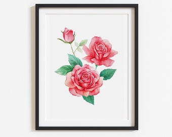 June Birth Flower Rose Print, Botanical Red Rose Wall Art Printable, Floral Home Decor, Summer Birthday Gift for Her