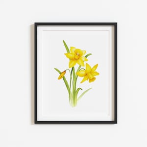 Pode incluir: Uma pintura de aquarela emoldurada de narcisos amarelos com caules e folhas verdes sobre um fundo branco.