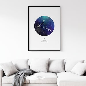 Vissen dierenriem sterrenbeeld-Ster kaart, Gepersonaliseerde ster, Instant Afdrukbare Aquarel kunst aan de muur