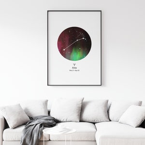 Ram dierenriem sterrenbeeld-Ster kaart, Gepersonaliseerde ster, Instant Afdrukbare Aquarel kunst aan de muur