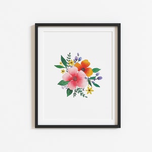 Pode incluir: Uma pintura de aquarela emoldurada de um buquê de flores. As flores são rosa, laranja, amarelo e verde. O fundo é branco.