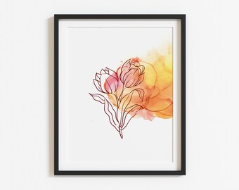 Lámina con dibujo lineal de tulipanes, arte mural botánico minimalista, decoración imprimible con arte lineal de tulipanes, regalo para ella.