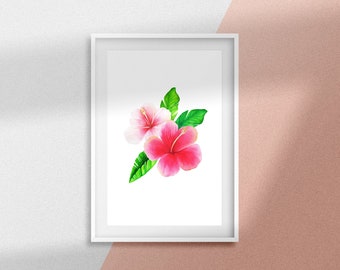 Tropical Leaves and Hibiscus Wall art Instant Printable Watercolor