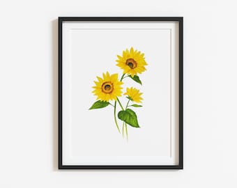 Three Sunflowers Wall Decor Instant Printable Watercolor