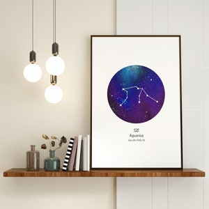 Constelación zodiacal de Acuario-Mapa de estrellas, estrella personalizada, arte mural de acuarela imprimible instantáneo