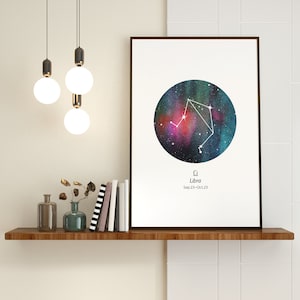 Weegschaal dierenriem sterrenbeeld-Ster kaart, Gepersonaliseerde ster, Instant Afdrukbare Aquarel kunst aan de muur