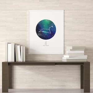 Leeuw dierenriem sterrenbeeld-Ster kaart, Gepersonaliseerde ster, Instant Afdrukbare Aquarel kunst aan de muur
